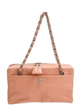 CHANEL Peach Leather Quilted Shoulder Bag with Silver Chain